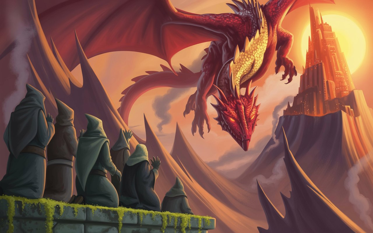 Cultistas avistam um dragão vermelho indo em sua direção.